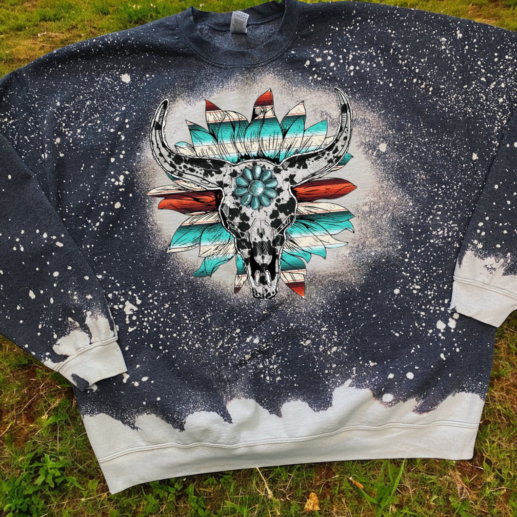 Western Bull skull bleached tee/Sweatshirt