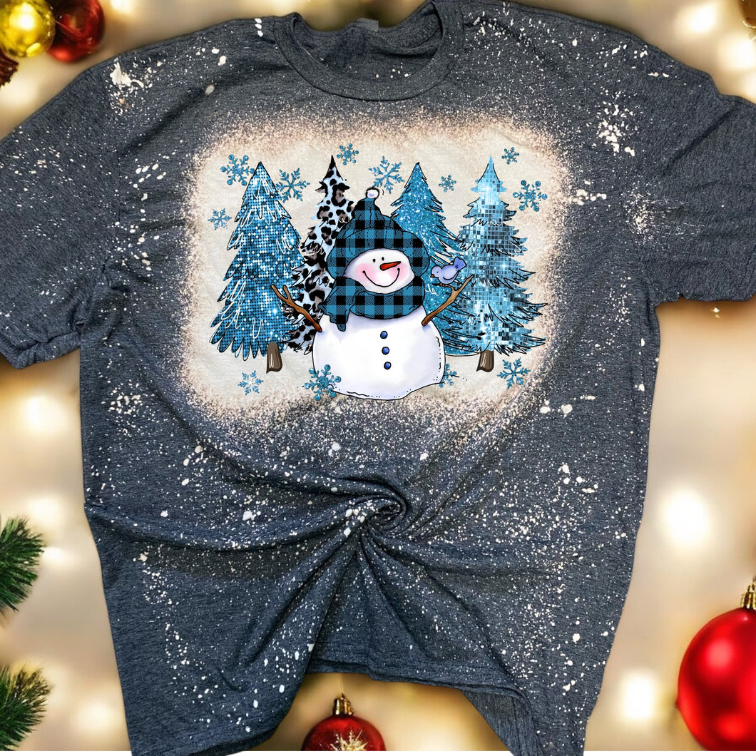 Blue Christmas Snowman Bleached Tee