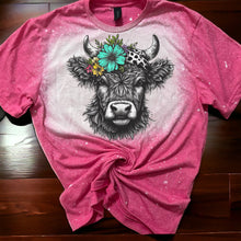 Load image into Gallery viewer, Floral Highland cow bleached tee
