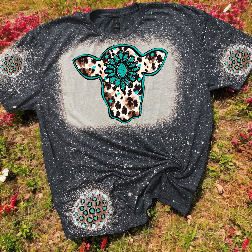 Turquoise Cow bleached tee/Sweatshirt