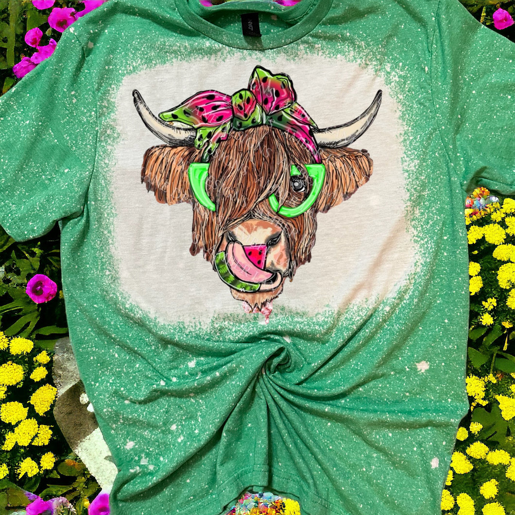 Watermelon Highland cow bleached tee